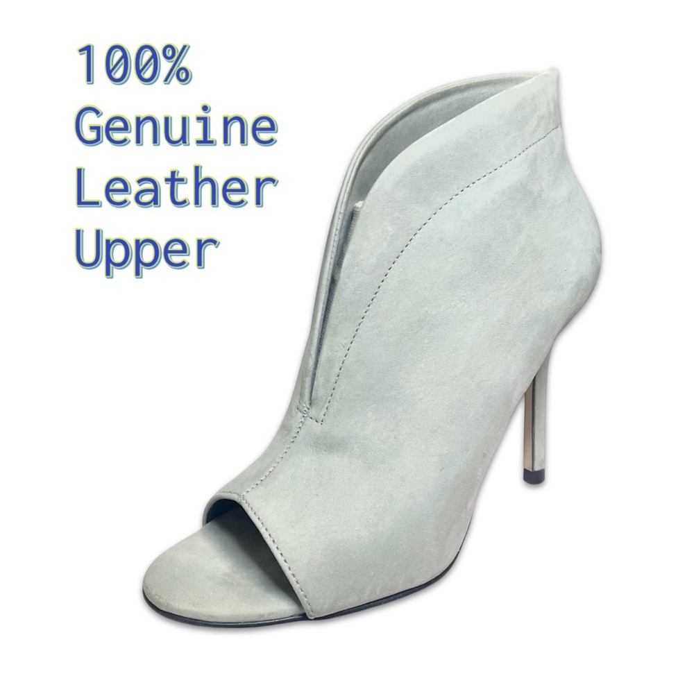 100% Genuine Leather upper open peep toe plunge ankle booties size 6 heels gray